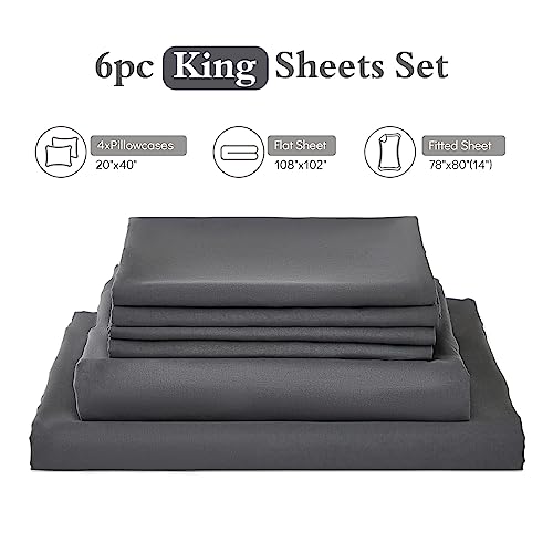 Image of ILAVANDE King Size Sheets Set 6 Piece,Hotel Luxury Super Soft 1800 Series Microfiber Grey Bed Sheets King Set-Wrinkle Free & Breathable-14 Deep Pocket Sheets for King Size Bed(King,Grey)