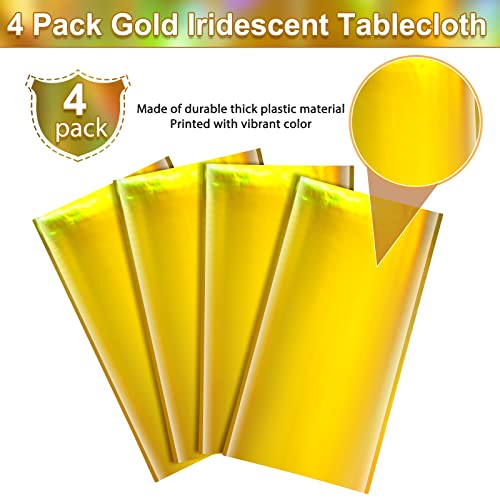 Image of 4 Pack Gold Iridescent Plastic Tablecloths Shiny Disposable Laser Rectangle Table Covers Holographic Foil Tablecloth Iridescent Party Decorations Birthday Bridal Wedding Christmas, 54 x 108 Inch