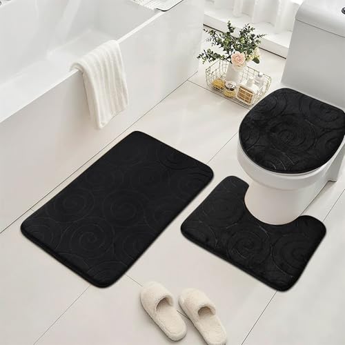 lfcforldx Bathroom Rug Sets 3 Piece Memory Foam Non Slip Bathroom Rug Toilet Rugs U Shaped Washable Soft Absorbent Bath Mats for Bedroom Kitchen Black