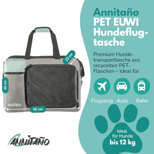 Annitaño Premium Hundeflugtasche 55x40x23 cm PET EUWI | aus recycelten PET-Flaschen | wasserabweisend und belastbar bis 12 kg, große Mesh-Öffnung, Rucksackfunktion & Trolley-Befestigung