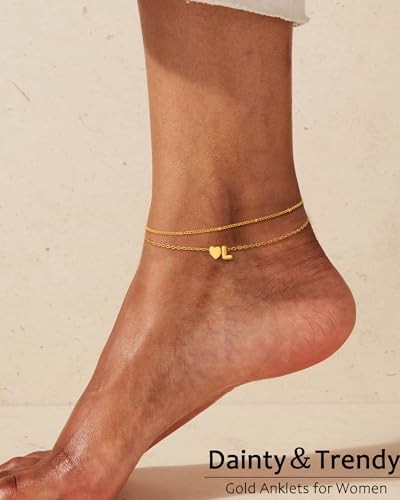 Image of KAERUN Initial Heart Gold Ankle Bracelets for Women Dainty 14K Gold Plated Layered Heart Letter A-Z Charm Anklets Set Non Tarnish Adjustable Anklet Handmade Waterproof for Summer Beach Foot Jewelry