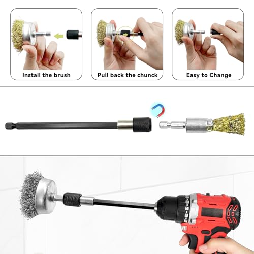 Image of Daily Treasures 10 Pack Wire Wheel Cup Brush Set for Drill Abrasive with 1 /4 inch Hex Shank,Extension Rod for Safty,Brass Coated Crimped Drill Sanding Attachment，Metal Brush for Drill Rust Removal