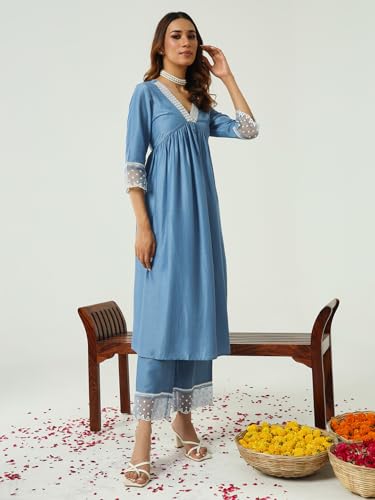 FIORRA Women's Silk Blend Embroidered Nayra Cut Kurta Palazzo With Dupatta Set - Image 3