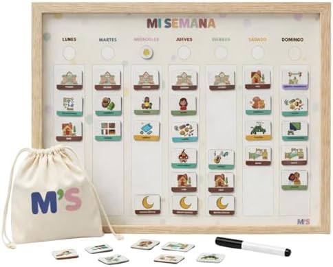 Horario imantado niños semanal en Español – Planificador Montessori magnético con actividades y clima – calendario semanal para niños -Agenda pizarra con imanes con pictogramas