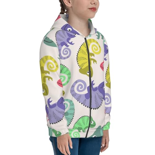 Colorful Pattern With Cute Chameleons Kids Pullover Hoodies Boys Zip Up Sweatshirts Girls Athletic Clothes with Pocket4