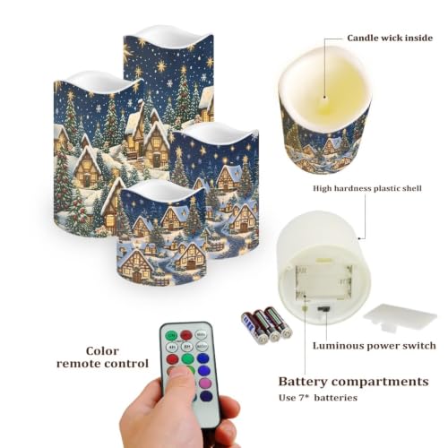 Image of Christmas Flameless Candles Set of 4 | Winter Village, Flameless Candles with Remote Control, Flickering LED Candles with Timer for cozy Christmas