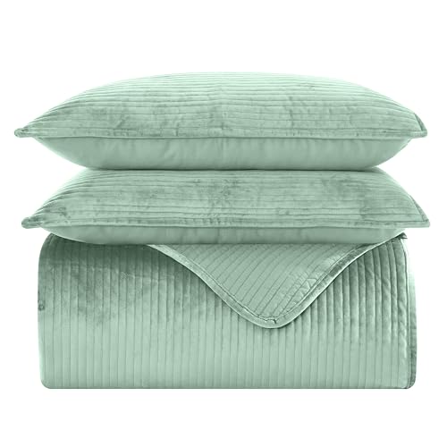 Elegant Comfort Luxury 3-Piece Velvet Corduroy Stripe Quilt Set, Ultra Soft Bedspread - Cozy Velvet Coverlet Set - 3PC Medium Weight Quilted Set with Matching Pillow Shams, King, Smoke Green