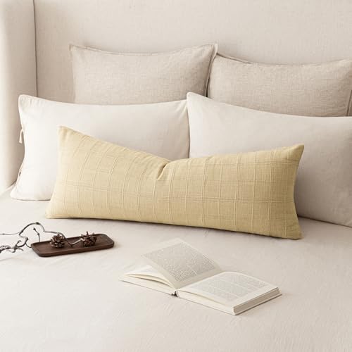 Image of Foindtower Set of 2 Decorative Linen Check Throw Pillow Covers Neutral Farmhouse Vintage Cushion Covers Cozy Modern Boho Accent Home Decor for Sofa Chair Couch Bed Living Room,14x36 Inch,Light Yellow
