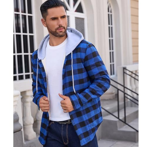 Image of Mens Sherpa Fleece Lined Flannel Buffalo Plaid Jackets with Hood Winter Thermal Quilted Insulated Hooded Coat Outwear