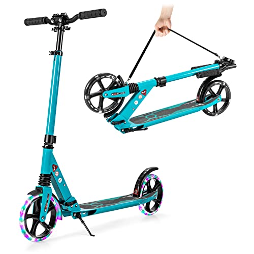 Goplus Foldable Kick Scooter, Razor Scooter w/ 8" LED Light-Up Wheels, Height-Adjustable T-Bar, Shock-Absorbing System, Shoulder Strap, & Foot Brake, Scooters for Adults Teens Kids 8 Years Old+(Teal)