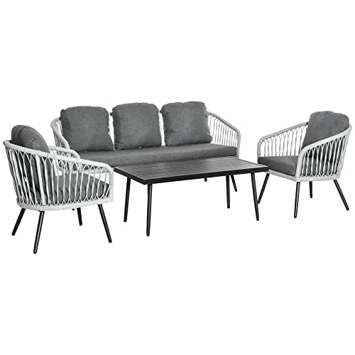 Outsunny Polyrattan Gartenmöbel Set 4-teiliges Rattensofa-Set Sitzgruppe Sitzgarnitur für Pause Lounge Teetisch mit Sofa Kissen Aluminium Grau