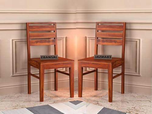 Image of 3 Line Wooden Dining Chairs Set of 2 for Kitchen & Dining Room, Two Seats, Solid Sheesham Wood, Honey Finish