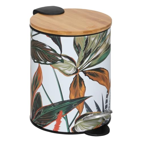 5 five simply smart 5five - Poubelle à Pédale Palawan 3 L - Métal Motif Tropical, Couvercle Bambou, Fermeture Douce - pour Salle de Bain, WC