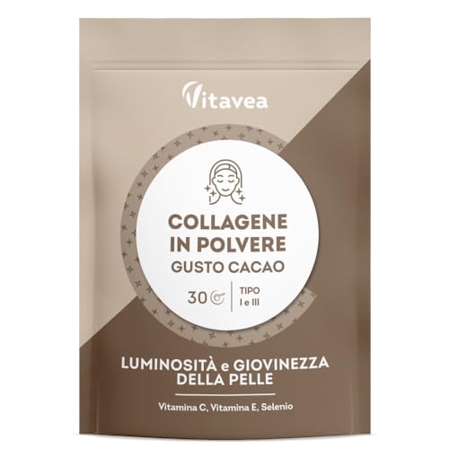 Vitavea Collagene Cacao Doypack - 2500 mg di Collagene Marino Idrolizzato Tipo 1 e 3 - Con Vitamina C, E, Selenio - Azione Antirughe - Pelle Luminosa - Gusto Cacao -150 g