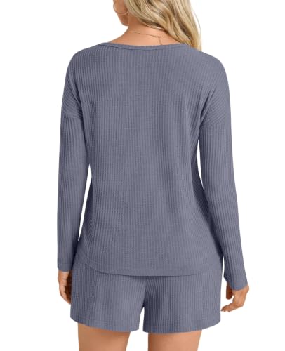 Image of Anydoll Womens Pajama Sets Waffle Knit Lounge Sets Long Sleeve Top and Shorts 2 Piece Loungewear with Pockets