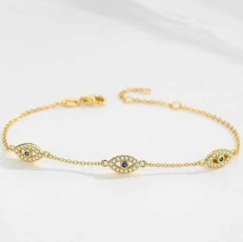 Solid 14K Gold Over 925 Silver Moissanite Evil Eye Bracelet for Women,Luxury Triple Blue Evil Eye Adjustable Chain Bracelet,Fashion Christmas Jewelry Gift for Her - Image 5