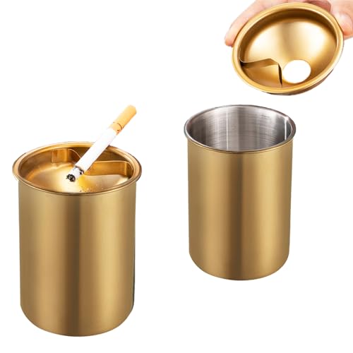 2 PCS Stainless Steel Ashtray Stylish Desktop Smoking Ash Tray Windproof Cigarette Ashtray with Funnel Lid for Indoor or Outdoor Use Home Office Garden Decoration (Golden)