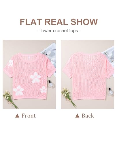 Image of SELINK Flower Crochet Tops for Women Short Sleeve Hollow Out Sweaters Swimsuit Cover Ups Lightweight Knit Pullover