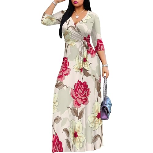 Image of PinkPatty Women's Print Maxi Dresses 3 /4 Sleeve Flowy Long Dress V Neck Wrap Tie Waist Sundress