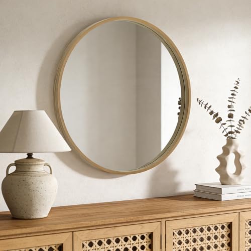 Image of WallBeyond Round Wood Mirror, 32 inch Round Modern Decoration Large Circle Wall Mirror for Bathroom Living Room Bedroom Entryway, Natural