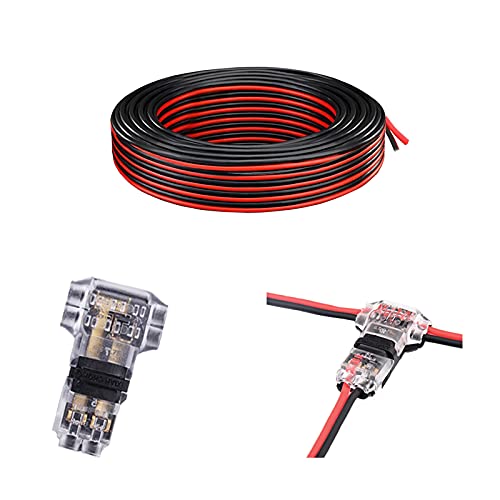 Low Voltage T Tap Wire Connectors, 3 Way Wire Connector, T Type 2 Pin Solderless No Wire Stripping, 18 AWG Red Black Wire 2 Stranded Wire 70ft