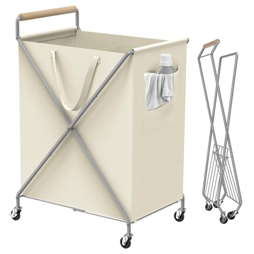 Foldable Metal Laundry Basket with Wheels, 2-Section Rolling Laundry Hamper, 37 Gallons (140L), Removable Liner, Steel Frame with Wooden Handle, Cream White