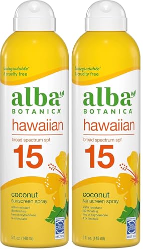 Generic Alba-Botanica's Sunscreen Spray for Face and Body, Broad Spectrum SPF 15 Sunscreen, Hawaiian Coconut, Water Resistant and Biodegradable, 5 fl. oz. Bottle (Pack of 2)