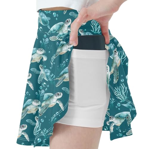 Cartoon Sea Turtle Teal_4 Girls Tennis Skirts with Built in Shorts Flowy Little Girl Skirts Skort Kids with Pockets 4-12Y2