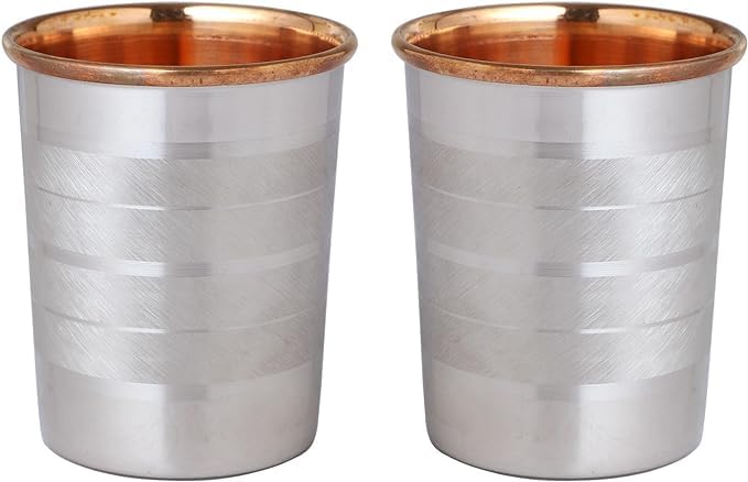 ANCIENTIMPEXSet of 2 Outer Stainless Steel and Inner Pure Copper Tumbler for Ayurveda Health Benefits - 250 Ml (8.45 US Fluid Ounce) Capacity