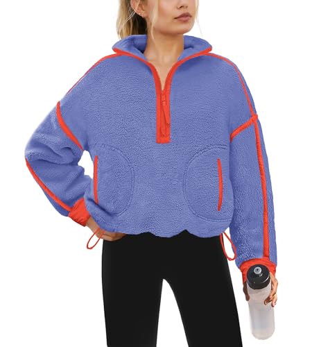 Yanekop Womens Quarter Zip Pullover Sherpa Fleece Jacket Oversized Zip Up Sweatshirt Half Zip Pullover Fuzzy Outerwear(Orange Blue,L)