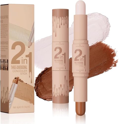 Double-ended Illuminateur, Bâton Surligneur 2 in1, Makeup Stick Highlight & Contour, Texture Crémeuse Contouring Maquillage, Imperméable Facile à Estomper Correcteur Stick (Beige Clair & Marron Clair)