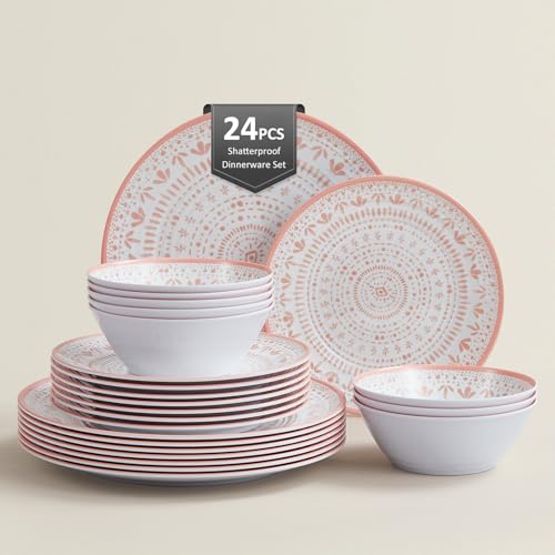 La Joventino Juego de vajilla de melamina rosa de 24 piezas, juego de vajilla para 8 personas, incluye juego de platos y cuencos, juego de picnic perfecto o colección de platos de cena para interiores