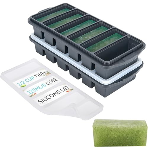 Image of 1 /2 Cup Silicone Freezer Tray With Lid - Silicone Freezer Molds 2-Pack For meal prep & freezing of various sauces and other dishes, makes 12 perfect 1 /2 cup portions cubes,oven and dishwasher safe