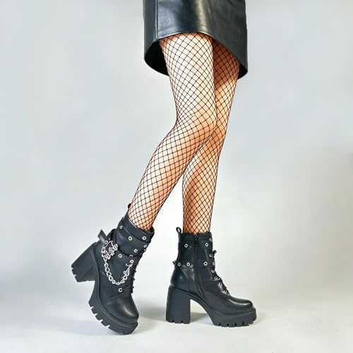Image of FOREADA Goth Boots Chunky Heel Boot For Women Ankle Combat Booties Black Platform Bootie Buckle Rivets Punk Goth Shoes With Zipper