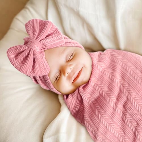 Image of AQOKKA Baby Swaddle Blankets with Bow Hat Headband Set Wheat-Pattern Infant Receiving Blankets Swaddles for Newborns Unisex Toddler Swaddle Wrap Sets for Baby Girls Boys Nursery Warm Shower Gift