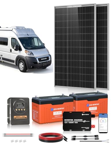 Image of ECO WORTHY 12V 200W Solar Panel kit with Battery and Inverter for RV Off Grid:2PCS 100W Solar Panel,2PCS 12V 100Ah Lithium Battery with SOC Display,1000W Inverter,20A MPPT Controller with Bluetooth