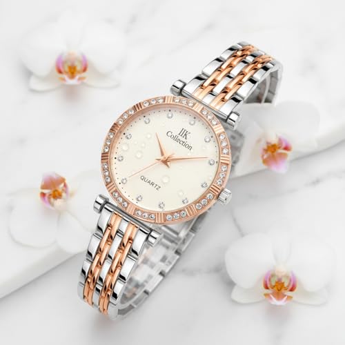 Image of IIK COLLECTION Watches for Women Round Studded Dial |Analogue Quartz Movemnet Ladies Watch|Long Battery Life|Stainless Steel Adjustable Bracelet Chain Strap|Double Lock Clasp Safety Watches for Girls