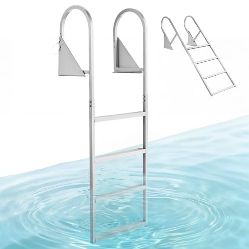 Image of VEVOR Flip-Up Dock Ladder, 4-Step, Heavy-Duty Aluminum Alloy Pontoon Boat Swim Ladder, with Non-Slip Wide Steps, 350 lbs Weight Capacity, Pull Rope Assist, for Lake Swimming, Pool, Marine Boarding