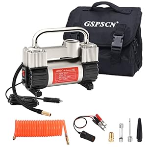 GSPSCN Silver Tyre Inflator Heavy Duty Double Cylinders with Portable Bag, Metal 12V Air Compressor Pump 150PSI with…
