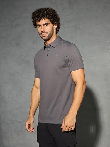 Image of TECHNOSPORT Men's Solid Slim Fit Polo Collar T-Shirt COTFLEX Half Sleeve Button Polyester for Gym Running Workout UPF50+ Anti Odour
