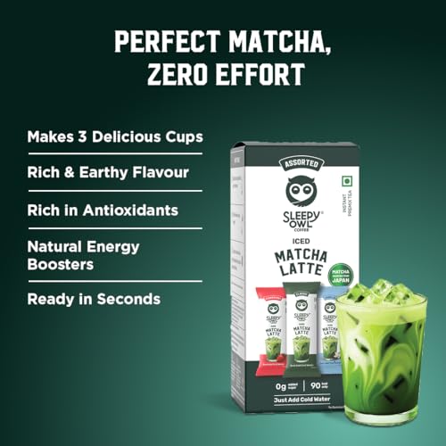 Image of Sleepy Owl Assorted Iced Matcha Latte Premix Powder, Variety Pack (3 Flavours), Premium Japanese Matcha Green Tea Powder, Easy to Make, Calm Energy & Focus, Natural Antioxidants, 3 Sachets