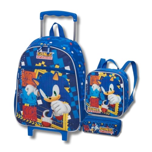 Kit Mochila Rodinhas Sonic Lancheira Térmica Estojo Duplo Escolar Azul Pacific