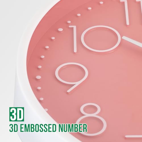 Image of Wall Clock Non-Ticking Silent Modern Simple Style Round Decor Clock Stereoscopic Dial Quartz Wall Clocks for Home /Office /School /Living Room /Bedroom /Kitchen (Peach Pink, 12inch)
