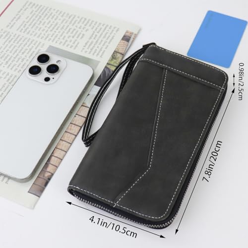 Long Wallets for Men, Simple Zipper Wallets for Men with 8 Card Slots, Zipper Coin Pocket and 2 Cash Slots, Checkbook Wallet with Wrist Strap (Coffee)2