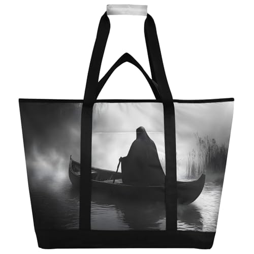 Gothic Boat Death Large Insulated Tote Bag for Grocery Shopping Reusable Tote Bags for Women Men, Cooler Bag with Zippered Top & Handles for Beach Picnic Travel
