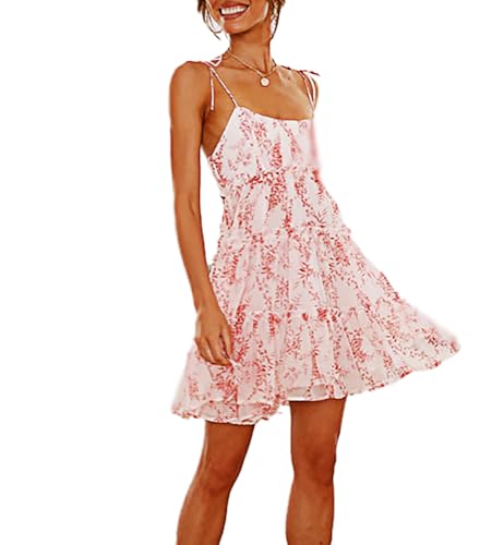 Image of kinstell Women's Boho Spaghetti Strap Ruffle Square Neck Bowknot Backless Sleeveless Elegant Flowy Mini Short Skater Dresses