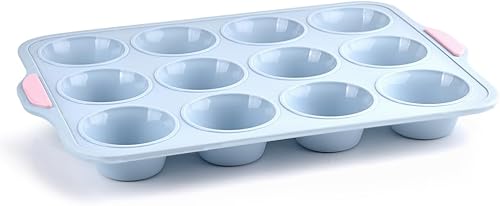 Guowall Molde de silicona para magdalenas para hornear, 12 tazas antiadherente para cupcakes, con marco reforzado de metal, 12 cavidades