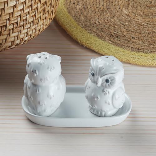 Image of Kookee Ceramic Owl Salt and Pepper Shaker Set with Tray (10283)
