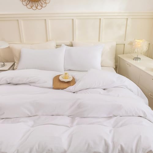 Image of ECOCOTT White Duvet Cover King Size - 100% Washed Cotton Durable Soft Comfy Duvet Cover Set, Lightweight and Breathable with Zipper Closure & Corner Ties (White, 104''x90'')