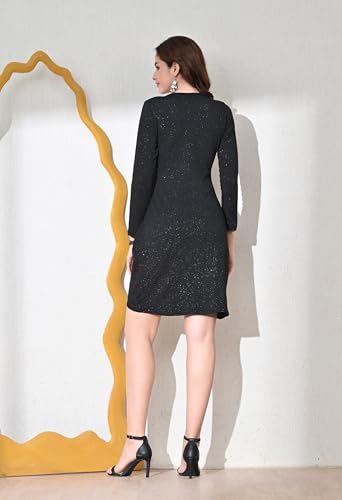 Image of IUGA Black Glitter Wrap Dress Long Sleeve Ruched Bodycon Dress